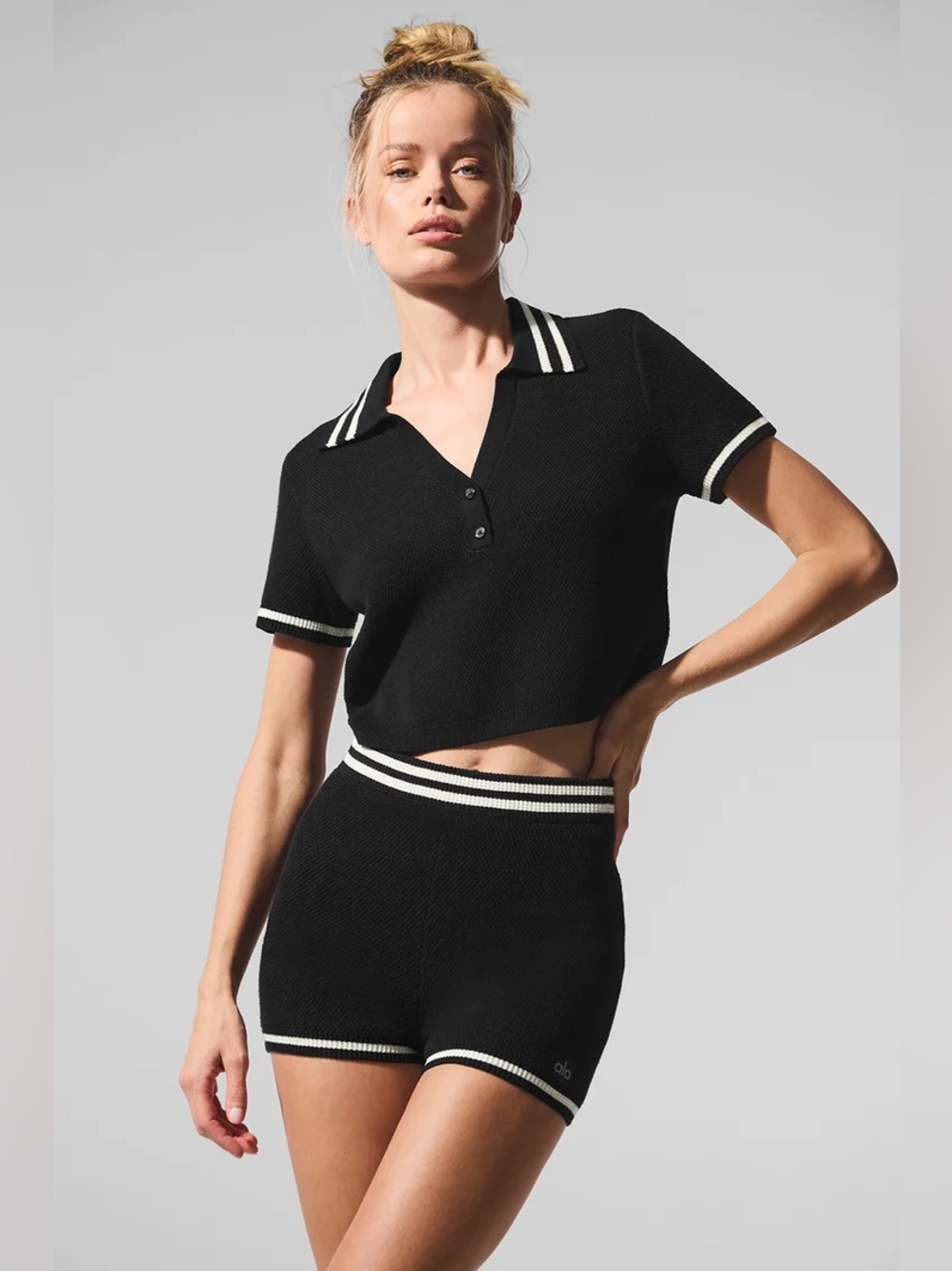 ALO Yoga Tennis Club Sweater Knit Cropped Polo Shirt Black XS